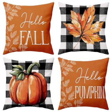 Imagem de BBOLDIN Capas de almofada de outono 45,7 x 45,7 cm, decorações de folhas de abóbora de ação de graças para sofá, varanda, laranja, xadrez, fazenda, conjunto de 4