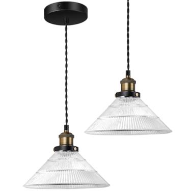 Imagem de LIGHTINN Luminárias pendentes vintage de bronze escovado com sombra de vidro listrado grande, luzes suspensas para cozinha, ilha, corredor, sala de jantar E26, sem lâmpada, pacote com 2