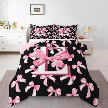 Imagem de Feelyou Conjunto de edredom com laço rosa fofo para meninas, solteiro, letra E, conjunto de cama com nó de laço coquete, monograma, decoração de quarto, presente personalizado para meninas