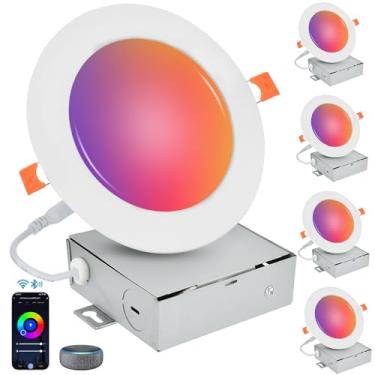 Imagem de Homevenus Iluminação embutida inteligente de 10 cm 9 W 810LM luzes embutidas ultrafinas RGBCW sincronização de música que muda de cor regulável Canless LED luminárias embutidas compatíveis com Alexa