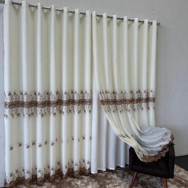 Imagem de Cortina Branca Ouro Marrom Voil Gaze De Linho Bordado Guipir Com Forro
