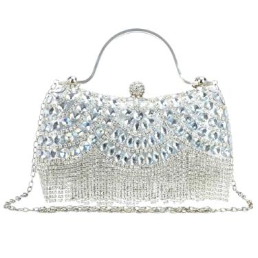 Imagem de JINGIHE Bolsas clutch de strass para mulheres, bolsas de mão formais brilhantes com diamante com corrente de borla de cristal, bolsa transversal de designer prata para casamento, coquetel, festa de