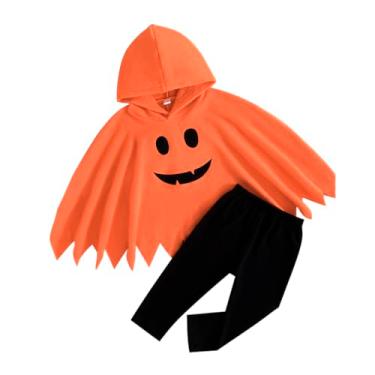 Imagem de XFGLCK Fantasia de Halloween para crianças, meninas, meninos, capa de fantasma com capuz + calça preta, roupa divertida para cosplay, Laranja, 4-5 Anos