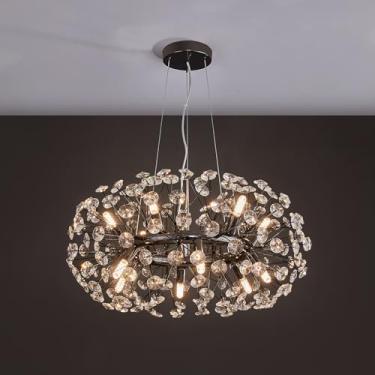 Imagem de witkey Lustre Moderno De Fogos Artifício, Redondo Cristal Preto Estilo Fazenda, Dente-De-Leão, 23,62", Pendente Contemporâneo 12 Luzes, Iluminação Para Sala Jantar, Cozinha, Quarto E Estar
