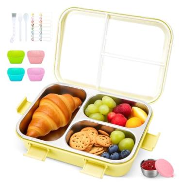 Imagem de Erreloda Lancheira infantil de aço inoxidável, 3 compartimentos à prova de vazamento, recipientes de lanche com copo de condimentos, recipientes de armazenamento de alimentos com utensílios e conjunto