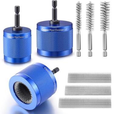 Imagem de O conjunto de limpador de tubos de cobre para broca inclui 3 escovas externas de aço inoxidável, 3 escovas de limpeza de tubo interno (1/5.1 cm, 3/10.2 cm, 2.5 cm), 3 ferramentas de encanamento de