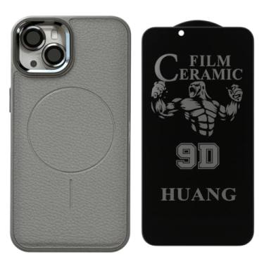 Imagem de Kit Capinha Premium de Couro Anti Impacto Compatível com iPhone 13 + Película Privacidade em Cerâmica Flexível + Película de proteção da Câmera. (Cinza)