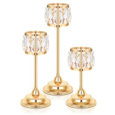 Imagem de Kolnlala Conjunto de 3 castiçais de cristal de metal, peça central de candelabro elegante de 29 cm para decoração de mesa de casamento, decoração de festa em casa em camadas (3, ouro 28 + 23 cm + 18