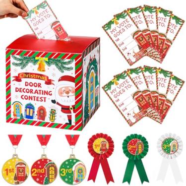 Imagem de Cunno Kit de concurso de decoração de porta de Natal com 57 peças, inclui 1 caixa de votação, 50 cartões de votação, 3 fitas de Natal e 3 medalhas de prêmio para suprimentos de troféu de festa de