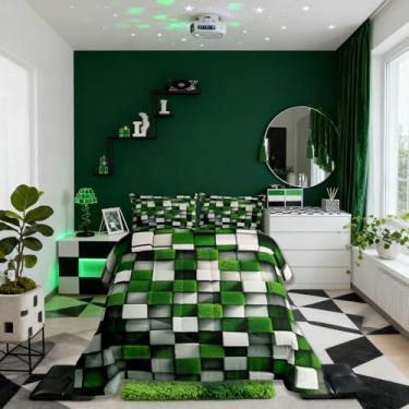 Imagem de Jogo de cama Pixelated Miners Gamer, tamanho casal, videogame, gamepad infantil, edredom moderno, geométrico, xadrez, verde, branco, 2 fronhas