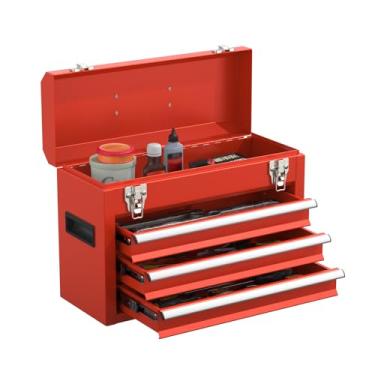 Imagem de SGHATAJ Caixa de ferramentas de metal portátil com gavetas, caixa de ferramentas com fechos EVC, baú de ferramentas resistente com revestimento em pó para garagem, escritório e casa (vermelho)
