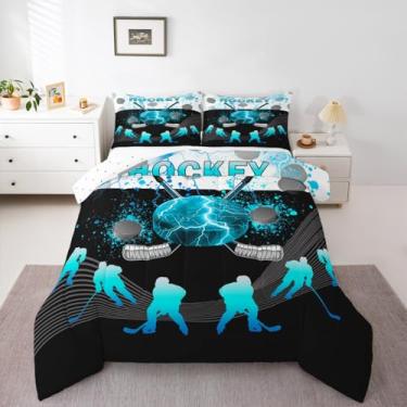 Imagem de Jogo de cama casal, com capacete de hóquei, bola de inverno, eventos esportivos de inverno, para crianças, meninas, meninos, jogos competitivos, trabalho em equipe, hobby e atividades, decoração para