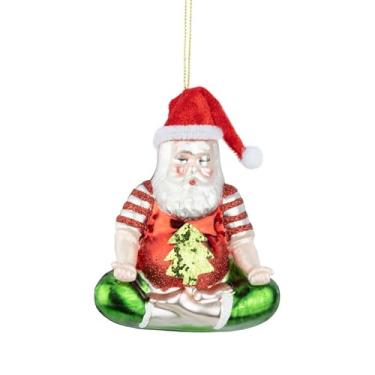 Imagem de The Bridge Collection Enfeite de Natal de Papai Noel para ioga de vidro – Decoração peculiar de Natal – Ornamento de Papai Noel em pose de meditação com detalhes em glitter