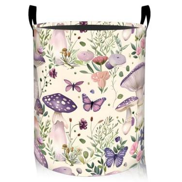 Imagem de ainori Cesto de roupa suja floral de cogumelo, pano Oxford, roupas sujas e sonhadoras, cesto dobrável para decoração de quarto, estampa de flores de borboleta, organizador de brinquedos 40 x 40 cm