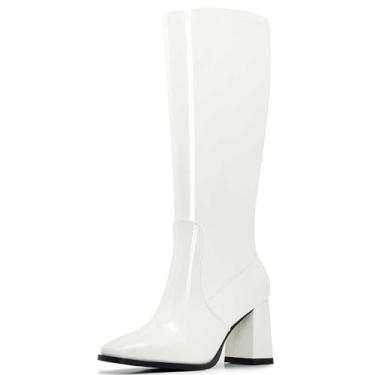 Imagem de Aizhenzm Botas de cano alto femininas - Botas de panturrilha larga com zíper, botas de couro altas de bico quadrado, botas longas modernas de salto grosso, Branco/patente, 8 Wide