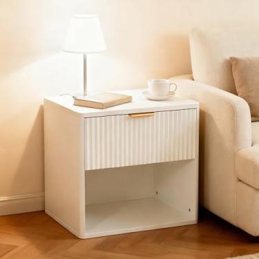 Imagem de Pamapic Cômoda canelada com gaveta, mesa lateral moderna com armazenamento, branca