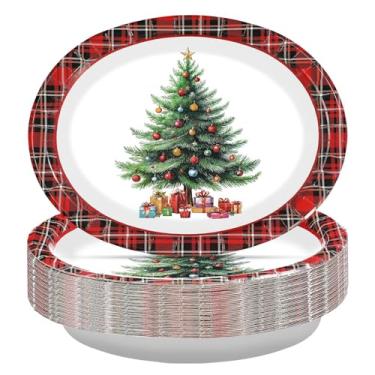 Imagem de Greencian 50 peças de pratos ovais de Natal, 25,4 x 30,5 cm, grandes, descartáveis, vermelho, preto, árvore de Natal, pratos de papel guingão, pratos de sobremesa xadrez de búfalo para suprimentos de