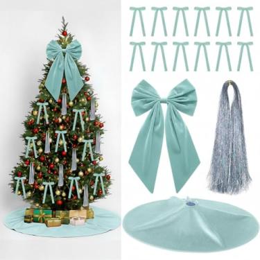 Imagem de Gejoy Conjunto de enfeites de Natal – 12 laços de veludo marrom, 1 saia de árvore de Natal, 1 arco grande de topo de árvore, 5.000 fios prateados para decoração de presentes (azul claro)