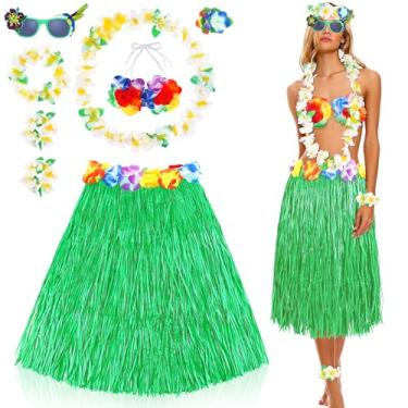 Imagem de Fighting to Achieve 8 peças de saia de hula havaiana feminina para festa Luau, saia de grama para festa na praia tropical, óculos de sol havaiano Leis, Verde, 60cm