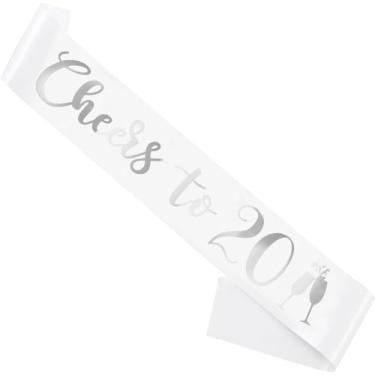 Imagem de Faixa de aniversário branca, "Cheers To 50.8 cm, faixa de aniversário para meninas, mulheres e homens, com letras prateadas para lembrancinhas de festa engraçadas, 20, prata branca