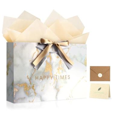 Imagem de YoungTree Saco de presente grande com papéis de seda e 1 cartão de felicitações fita de 2 cores, bolsa de presente de aniversário portátil com alças, sacos de presente para lembrancinhas de festa de