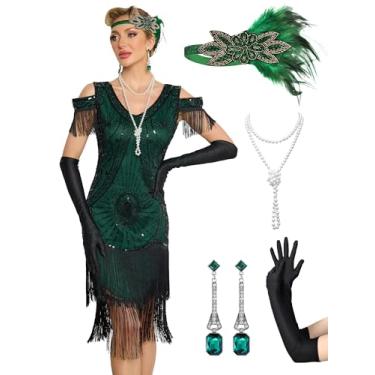 Imagem de RRYIO Ótimos vestidos Gatsby para mulheres, vestidos melindrosa anos 20, fantasias dos anos 20 com acessórios dos anos 20 (preto-verde, GG)
