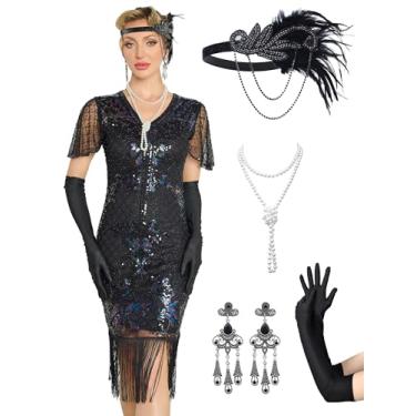 Imagem de RRYIO Vestidos melindrosa anos 20 para mulheres, vestidos Gatsby com gola redonda e manga para noites de Harlem, Preto - Colorido, G