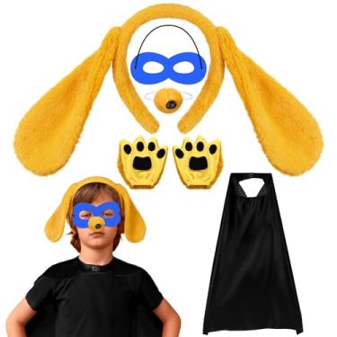 Imagem de Wavwavw 5 peças de fantasia de Halloween tema de herói infantil cachorro gato cosplay inclui tiara de orelha luvas de nariz capas máscaras (amarelo, preto, cachorro)