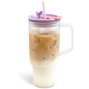 Imagem de BleoSip Copos transparentes com canudos e tampas 1,134 g, copo de acrílico com alça para viagem (roxo)