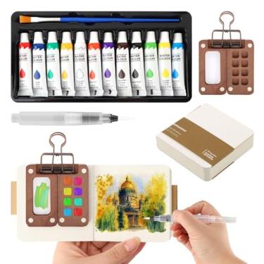 Imagem de Conjunto de pintura de paleta de aquarela para viagem - tinta de 12 cores com paleta de grade de 8 madeira, mini caderno de desenho e pincéis, conjunto de viagem em aquarela para estudantes