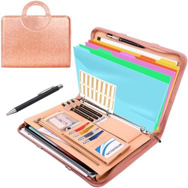 Imagem de NATISERAUM Fichário de portfólio com alça, organizador de pastas de 3 anéis, portfólio de couro vegano com bloco de notas inclui 5 divisórias com 10 bolsos para arquivos de documentos para arquivos de