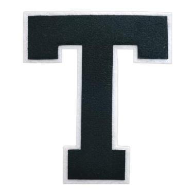 Imagem de 1 Patch de letra de chenille preto de 16,5 cm com borda branca – Remendos do alfabeto para roupas, jaquetas, mochilas, chapéus para decoração personalizada, nome personalizado e artesanato. (T)