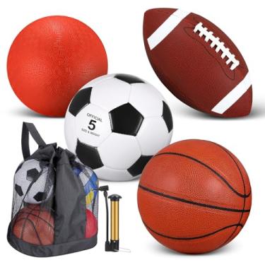 Imagem de Lenwen Conjunto de 4 bolas esportivas, inclui bomba e bolsa de equipamento tamanho oficial 7 bola de futebol tamanho 5 bola de futebol tamanho 9 bola de futebol para ambientes externos internos crianças adolescentes adultos presente esportivo