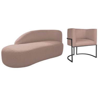 Imagem de Kit Divã Luna 160cm Lado Esquerdo E 01 Poltrona Base De Ferro Preto Linho Cor Rosê
