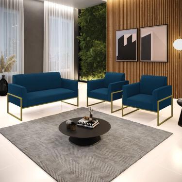 Imagem de Namoradeira E 2 Poltronas Industrial Alta Dourado Marisa Bouclê Azul