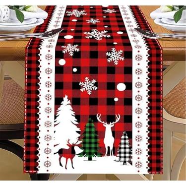 Imagem de Caminho de mesa de Natal - Bolas de Natal flores xadrez búfalo vermelho xadrez inverno férias decorativas decorações de mesa de fazenda para jantar de cozinha, decoração de festa de jantar interior ao
