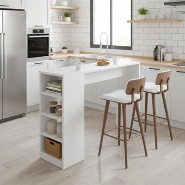 Imagem de Bancada Balcão/mesa de Cozinha Gourmet 3 Prateleiras 4 Nichos Bmu158 120cm Cor Branco - Brv Móveis