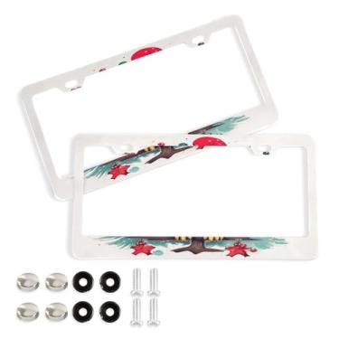 Imagem de Wassud Coruja fofa com moldura de placa de licença de chapéu de Natal com parafusos, pacote com 2 molduras decorativas de etiqueta de carro, acessórios universais de carro para mulheres e homens