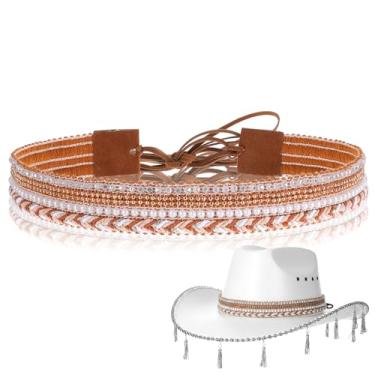 Imagem de Faixa de chapéu de strass brilhante, faixa decorativa de chapéu de cowboy Fedora Panamá, cinto étnico ocidental rural, chapéus ocidentais, pulseiras de substituição para mulheres e meninas, chapéu de
