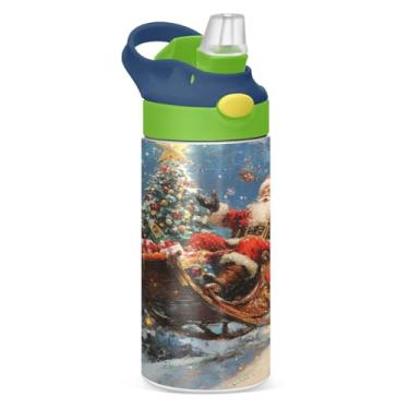 Imagem de Burbuja Garrafa de água infantil de Natal Papai Noel no trenó, sem BPA, isolada a vácuo, com tampa de canudo para meninos e meninas, à prova de vazamento, 340 g