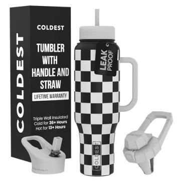 Imagem de Copo Coldest com alça e canudo, copo 100% à prova de derramamento com canudo (3 tampas), copos isolados de aço inoxidável à prova de vazamento para mulheres e homens, porta-copos, damas pretas e