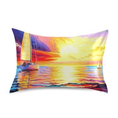 Imagem de Fronhas de cetim floral refrescante personalizado King Queen padrão fronhas quarto estética tamanho queen 76.2 cm x 50.8 cm Veleiro brilhante mar pôr do sol