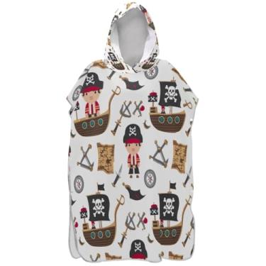 Imagem de Joisal Poncho de surfe absorvente para trocador adulto roupão de praia moletom toalha de natação bonito desenho pirata branco masculino poncho com capuz