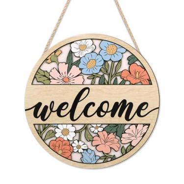 Imagem de HOURIA Placa de porta da frente vintage 3D (29 x 29 cm), guirlanda de porta de madeira Boho margarida, decoração floral rústica primavera verão para pendurar na parede para casa de fazenda, varanda