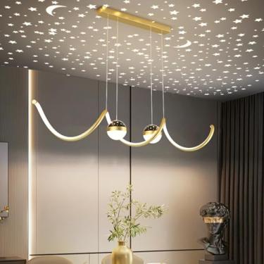 Imagem de Lustre LED moderno e criativo para mesa de jantar, luminária suspensa de 100 cm com efeito céu estrelado, dimerizável, com controle remoto e altura ajustável (dourado)