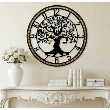 Imagem de Roivikis Relógio de parede grande para decoração de sala de estar, árvore da vida, arte de parede de metal, sem tique-taque, operado por bateria, preto com moldura de madeira maciça para decoração de