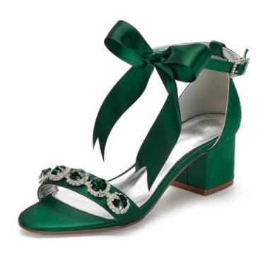 Imagem de Sandálias femininas de salto baixo peep toe grosso tira no tornozelo cristal vestido de casamento sapatos com laço, Verde, 34