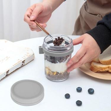 Imagem de Recipiente para copo de café da manhã, pote hermético de aveia com tampa e colher, copo portátil de aveia com marcas de medição, frascos de vidro de boca larga para saladas de cereais