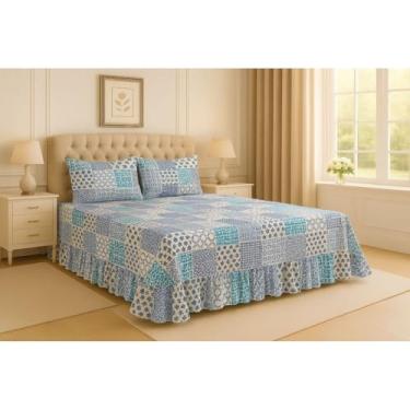 Imagem de Kit Lençol Queen 3 Peças Micropercal Toque de Algodão com Babado e Fronhas Premium (Composê - Azul e Branco)