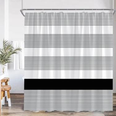 Imagem de Cortina de chuveiro Farmhouse Boho listras pretas cortinas de banheiro modernas clássicas listradas tela de banho de poliéster com gancho 55 x 71 pol. -140 x 180 cm/L x A